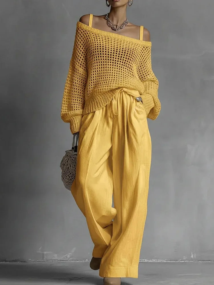 Vintage Women 2 Piece Outfit Off Shoulder Hollow Out Knit Sweater Top Elastic Drawstring Wide Leg Long Pants Casual Matching Set