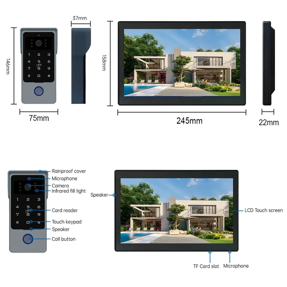 Tuya Wifi Smart Home Video Door Phone Video intercom 1080P 10inch Touch Monitor 2-Wires Doorbell Door Camera Security System