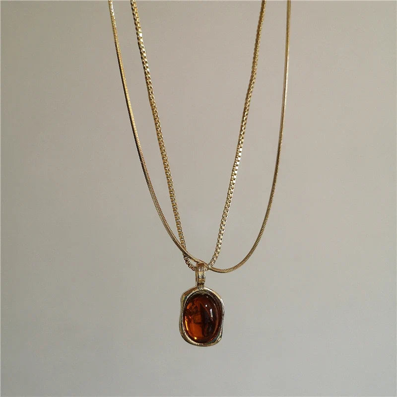Vintage Leather Brown Stone Sun Pendant Beaded Choker Clavicle Chain Necklace For Women Unique Y2K Personalized Grunge Jewelry