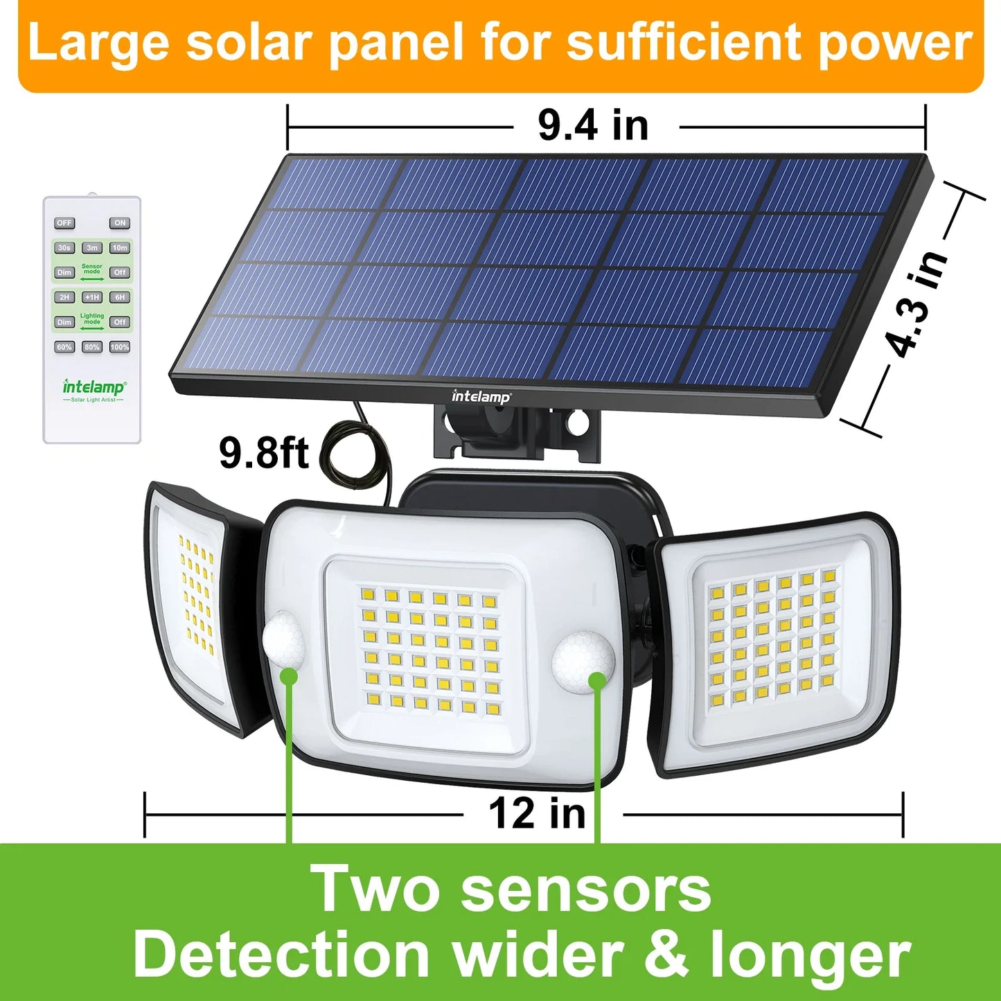 Intelamp Long-Lasting 6000mAh Outdoor Solar LED Light With Large Solar Panel Two Sensors 2.7M Cable Wall Lamp Garden Street