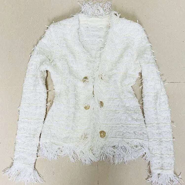 HIGH STREET Newest 2023 Fall Winter Fashion Designer Jacket Women Lion Buttons Embellished Tassel Knit Cardigan