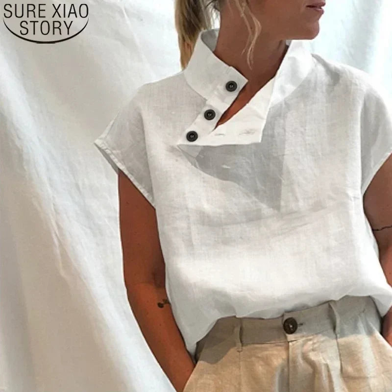 Women Short Sleeve Blusas 2024 Summer Cotton Linen Shirts Fashion Oversized Blouses Casual Loose Camisas Solid Tunic Tops 18898