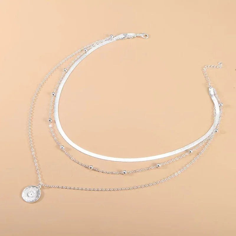 925 Sterling Silver Three-Layer Round Necklace Simple Snake Chain