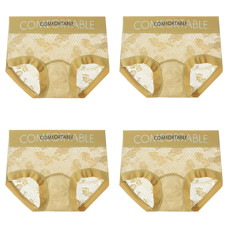 4PCS Women Seamless Panties Transparent Briefs Plus Size Lace Antibacterial Panties