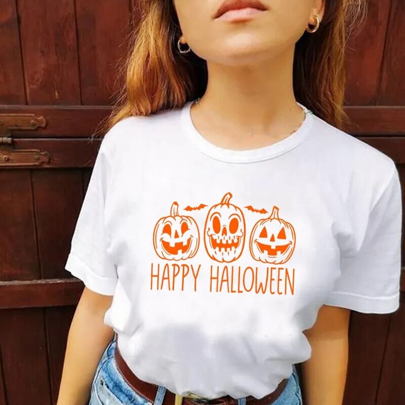Funny Pumpkin Face Women T Shirts Orange Halloween T-shirt Causal Streetwear Fall Witch Graphic Tee Women's Clothes Festival Top