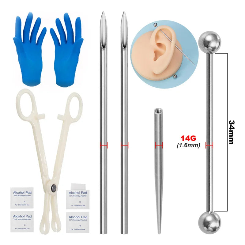 Sterile Body Piercing Tool Kit Surgical Steel Piercing Needles Clamp Pliers Gloves Set Pull Pin Lead Tool Lip Nose Belly Jewelry