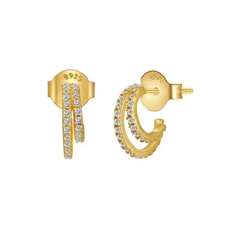 925 Sterling Silver Ear Needle Vintage C Shape Earrings For Women Triple Open Circle Piercing Stud Earrings Fashion Jewelry