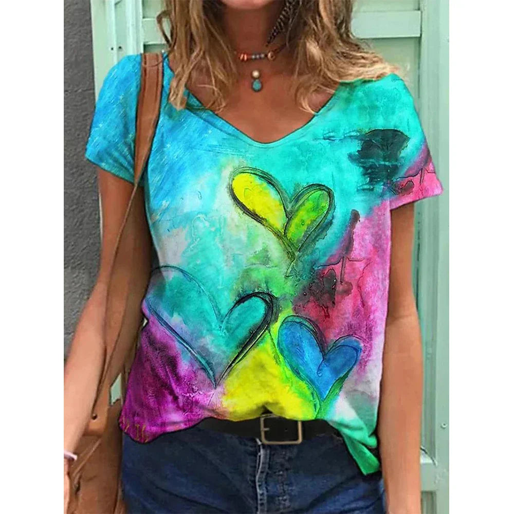 Women's T-shirts Fashion Tops V-neck Colorful Butterfly T Shirt Female Short Flowers Print Casual Tees Summer Oversized Clothes