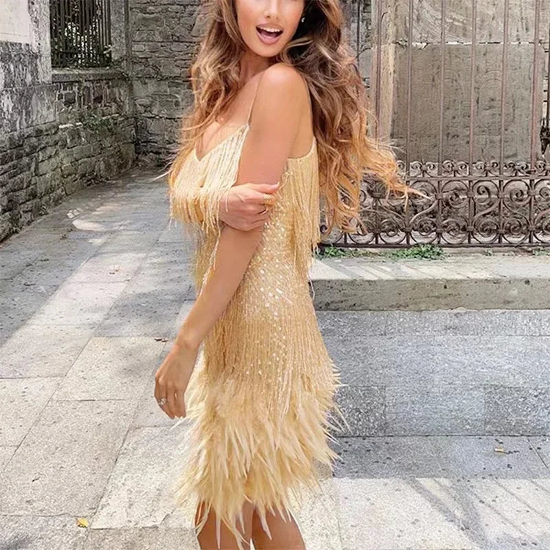 2024 Sexy Women's Fringed Sequin Feather Stitching Dress Summer Slim V-Neck Off Shoulder Dresses Female Backless Slip Mini Robe