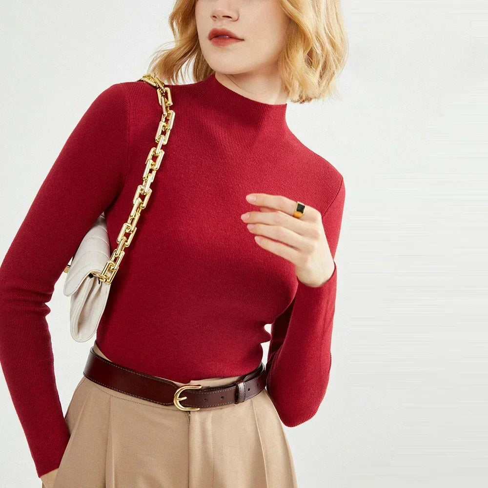 Long Sleeved Knitted Sweater Girl S-XL Red Coffee Green Yellow Half High Collar T Shirt Women Slim Tops Autumn Winter X-G-Xinde