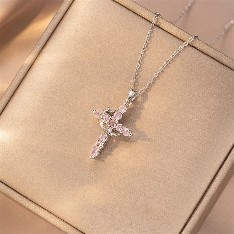 Exquisite Crown Cross Rhinestone Rotating Necklace for Women Fashion Copper Stainless Steel Necklace Party Banquet Jewelry Gift