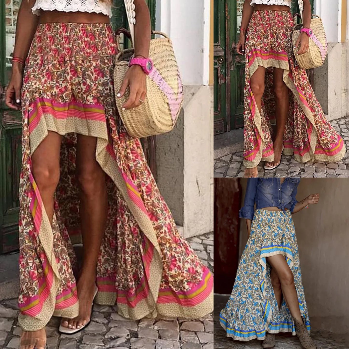 Womens Tennis Skirt Women's Summer New Cotton Floral Print Irregular A Line Skirt Half Skirt Full Skirts for Women
