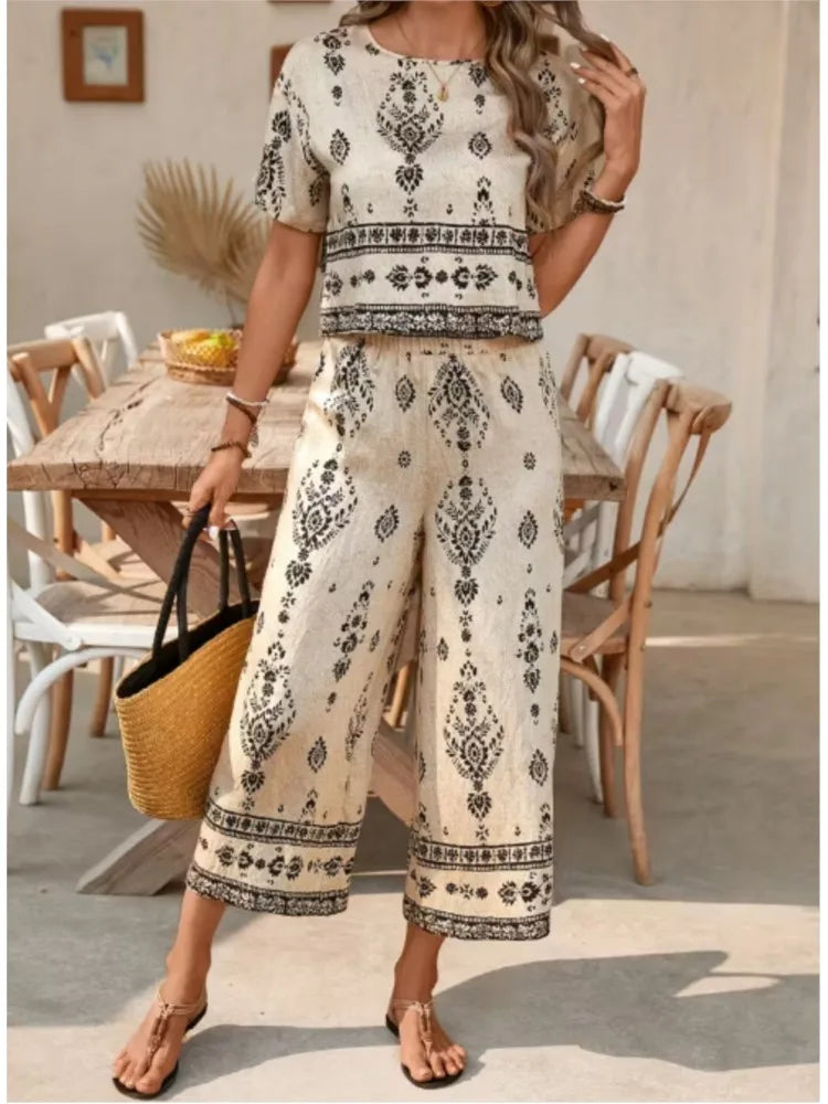 Fashion Ethnic Retro Printed Short-sleeved Women's Suit Summer New Casual Simple Elegant 7-minute Pants Female 2-piece Set 2026