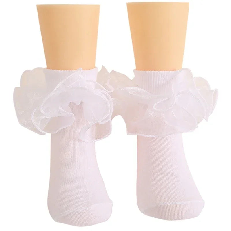 1 Pair Girls' Puffy Lace Socks Children's Combed Cotton Lace Socks