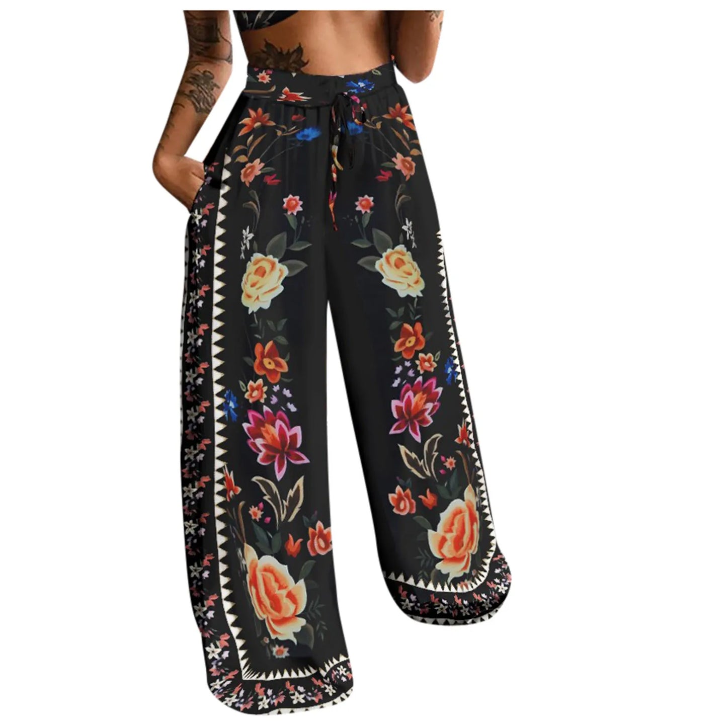 Pockets Pants Beach Long Waist Pants Women Printing Boho High Trousers Easy Pants Leisure Versatile Floor Length Loose Trousers