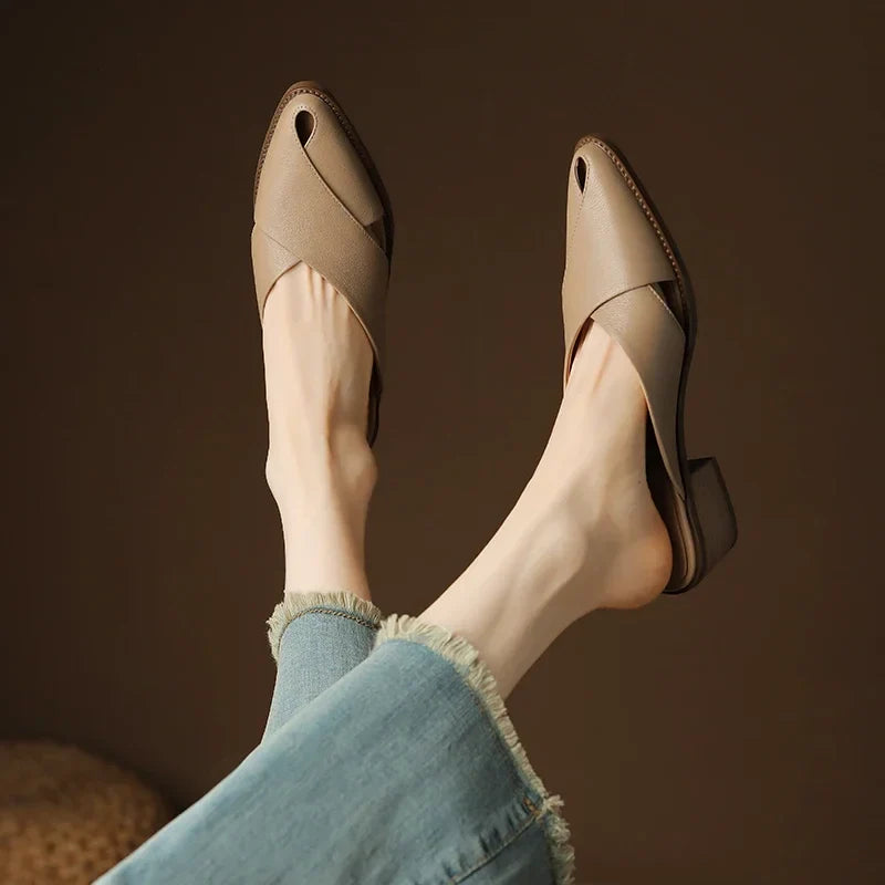 2024 Summer Slippers Women Genuine Leather Shoes for Women Pointed Toe Low Heel Mules Elegant Sandals Women Slides Ladies Shoes