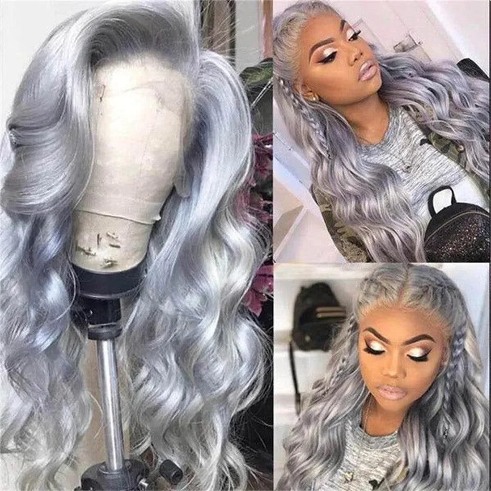Silver Grey Body Wave Lace Frontal Wig 13x4 Lace Front Human Hair Wig For Women Preplucked Brazilian Colored Lace Human Hair Wig