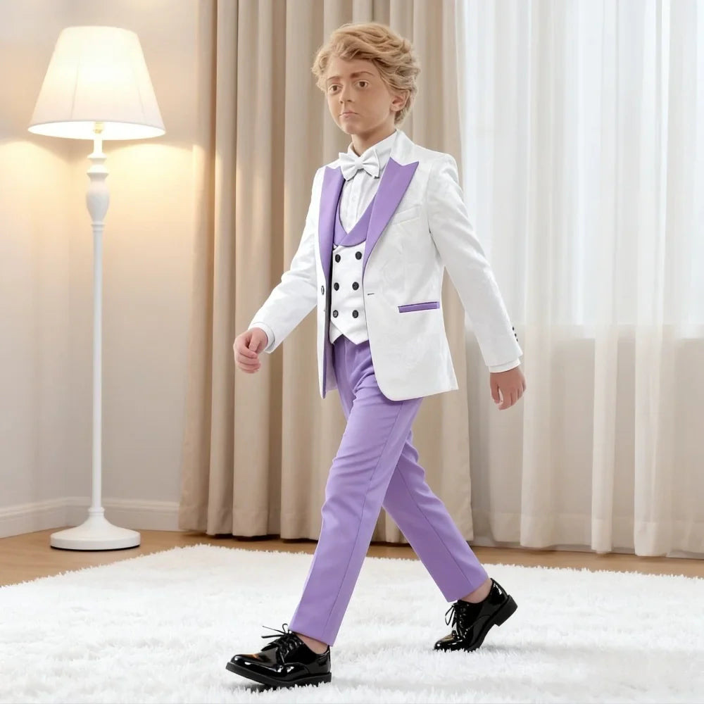 Kids White And Purple Contrast Formal Suit Set, Four Piece Design Elegant Wear For Boys.