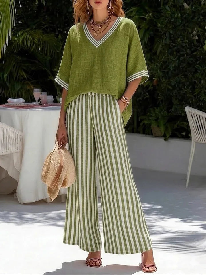2026 Fashion Women's Casual Striped Comfortable Loose V-Neck Cotton Hemp Two-Piece Set