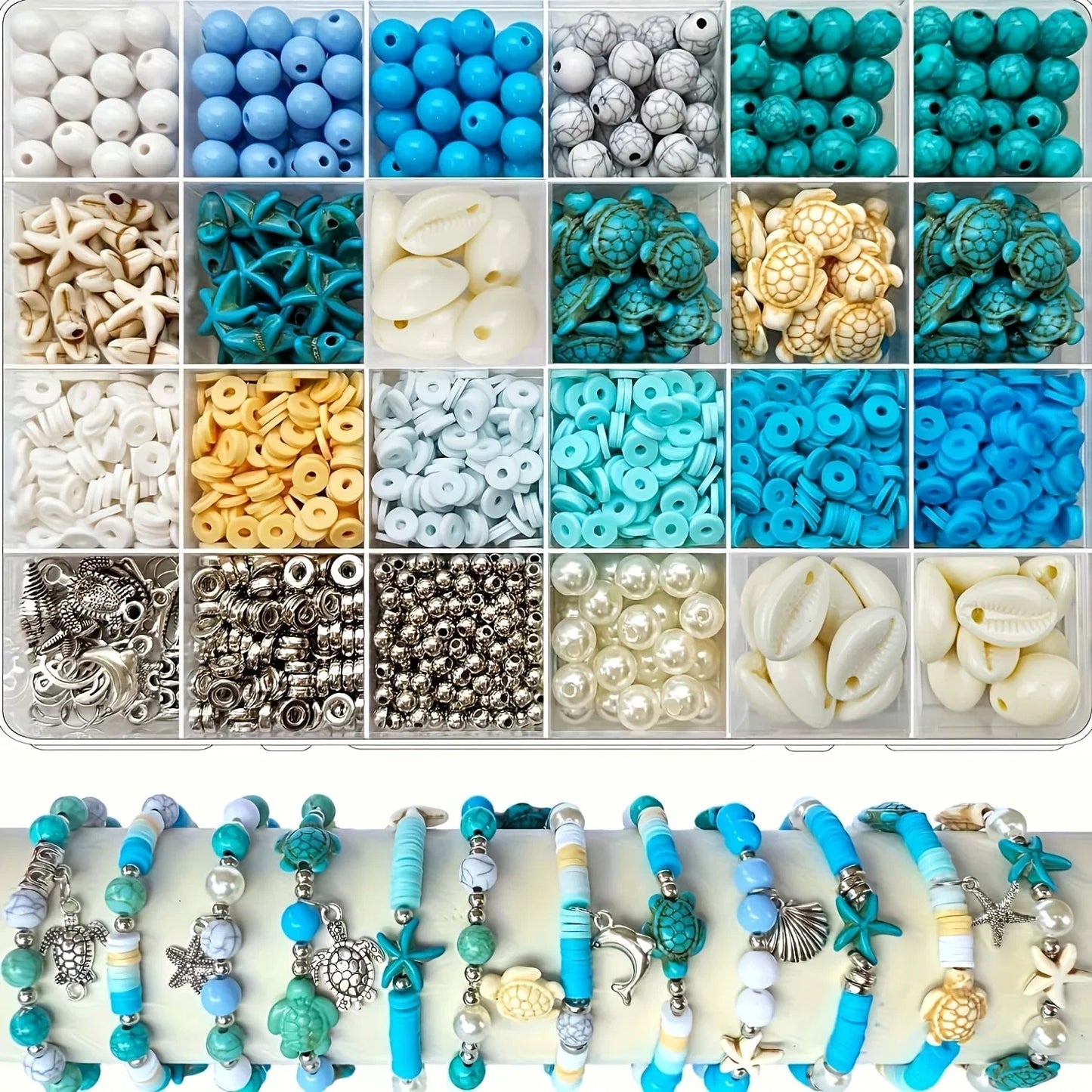 1860pcs Sea Blue and White Beads Paired with Sea Turtle and Starfish