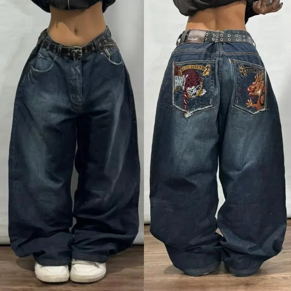 Street Y2K New Fashion Straight Loose Jeans Women Harajuku Casual Joker Low Waist Slim Mopping Wide-leg Pants Couple Punk Jeans
