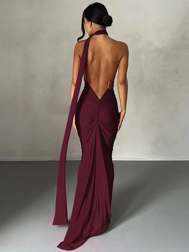 Hugcitar One Shoulder Backless Adjustable Scarf Loop Ruched Sexy Maxi Dress 2025 Women Elegant Y2K Streetwear Festival Outfit