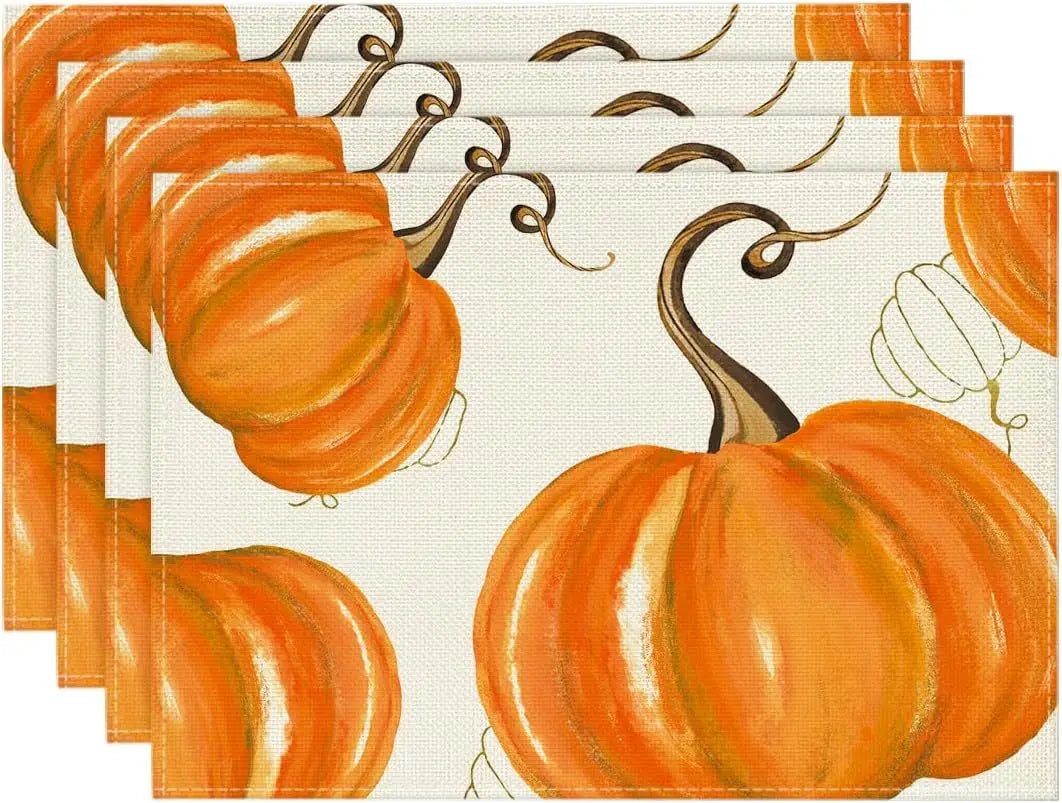 4PCS Thanksgiving Day Table Placemats 30*45cm Linen Autumn Pumpkin Maple Leaf Printed Dining Table Mat Festive Table Decoration