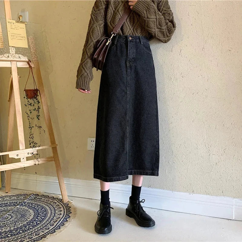Summer Long Denim Skirt Women Oversize 5XL Korean Fashion Split Faldas Jean Mid-Length High Waist Skirts Blue Loose Cowboy Jupe