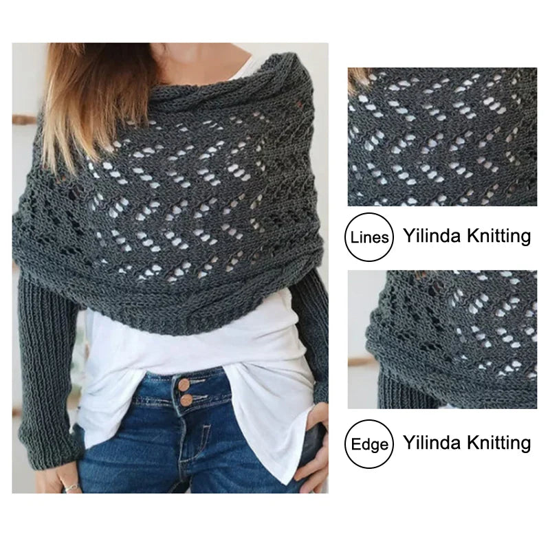 〔CC88〕Autumn and Winter Long Shawl Knitted Hollow Out Fashion Casual Wraps Shoulder Sweater Scarf with Lengthened Double Sleeves