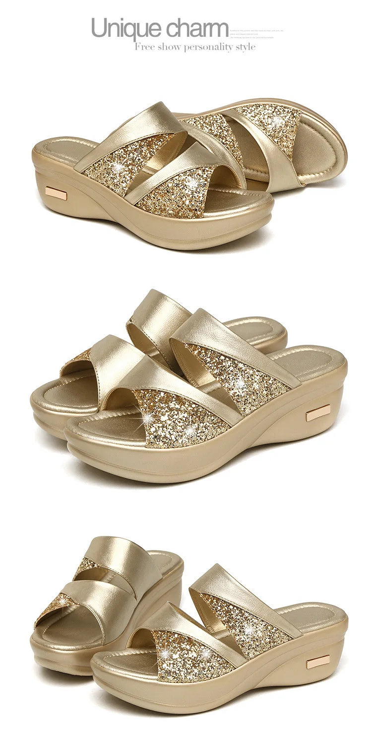 Sandals Woman Summer Gold Open Toe Sandal Dress Shoes Womens High Heels Sandals Platform Wedges Heeled Pumps Ladies Shoes