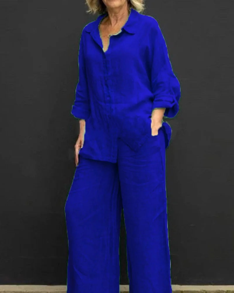 Solid Color Linen Two Piece Sets Women Outfits Spring Autumn Simple Long Sleeve Shirt Loose Trousets Set Office Casual Suit