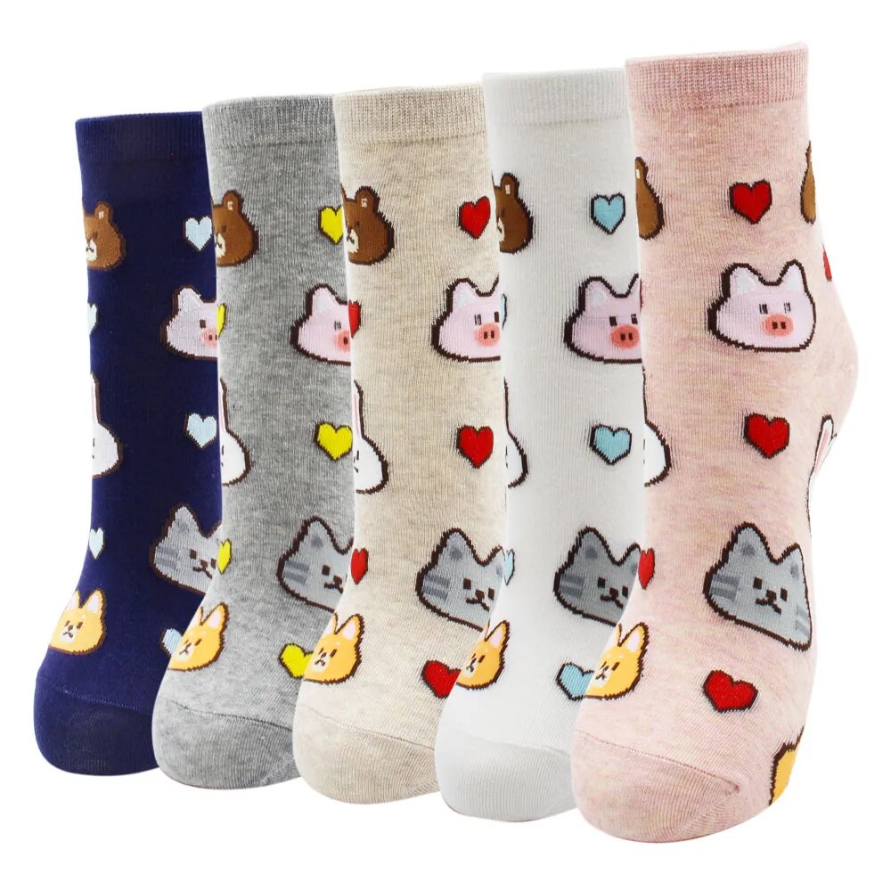 5 Pairs Fashion Colorful Kawaii Cute Cartoon Cotton Women Socks Harajuku Korean Halloween Cat Dog Owl Duck Fox Girl Socks