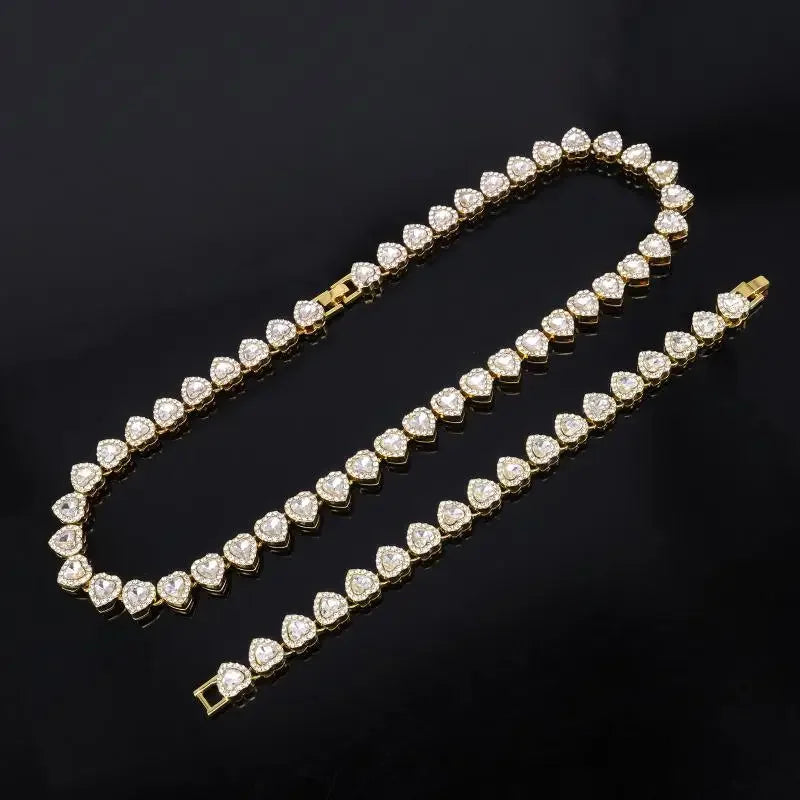 45CM New Hip Hop Tennis Chain Bracelet Necklace Shiny Heart Rhinestone