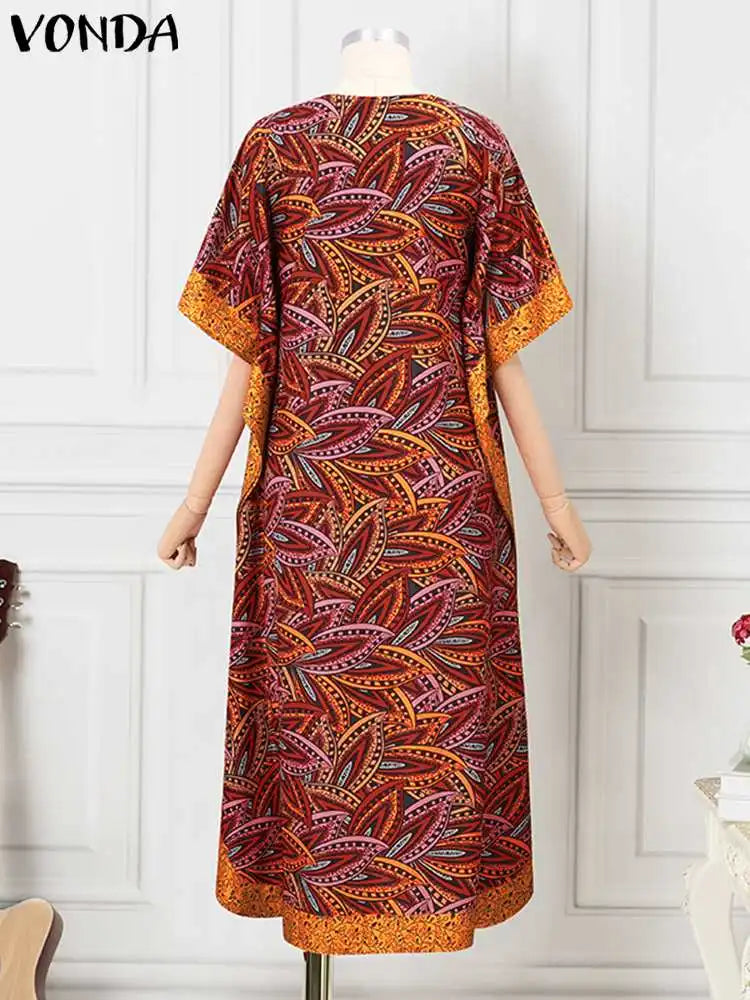 VONDA Bohemian Women Printed Maxi Sundress 2024 Summer Half Sleeve Casual Loose Long Dress Oversized Kaftan Holiday Vestidos