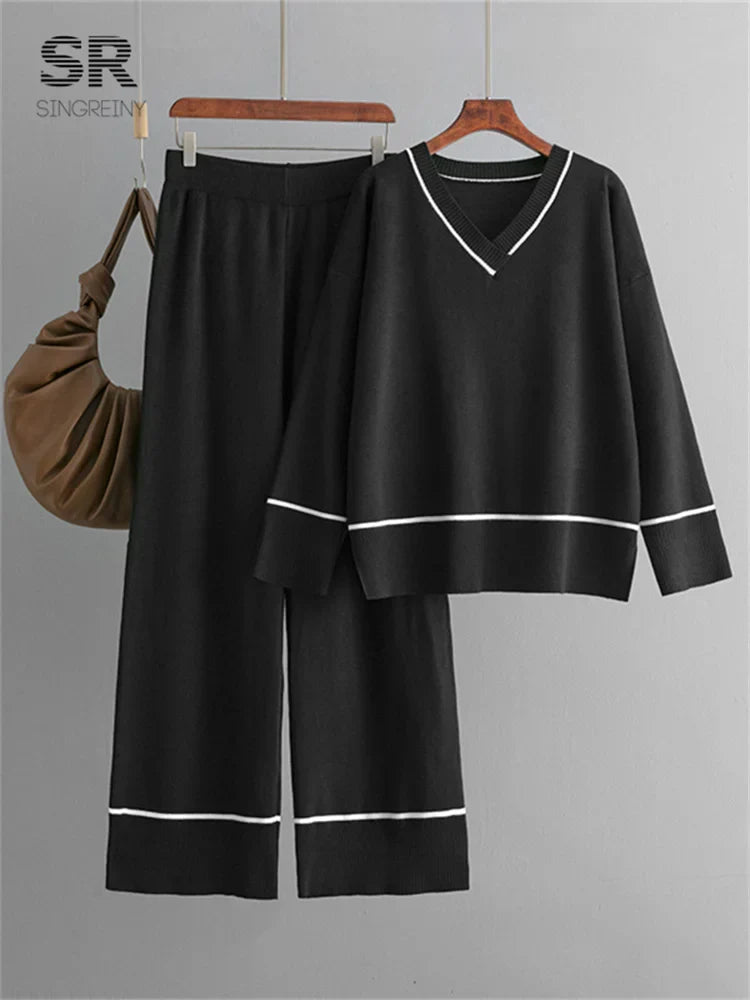 SINGREINY Women Basics Winter Sets V Neck Sweater+Solid Wide Legs Long Pants 2024 Autumn Fashion Casual Thick Two Pieces Suits