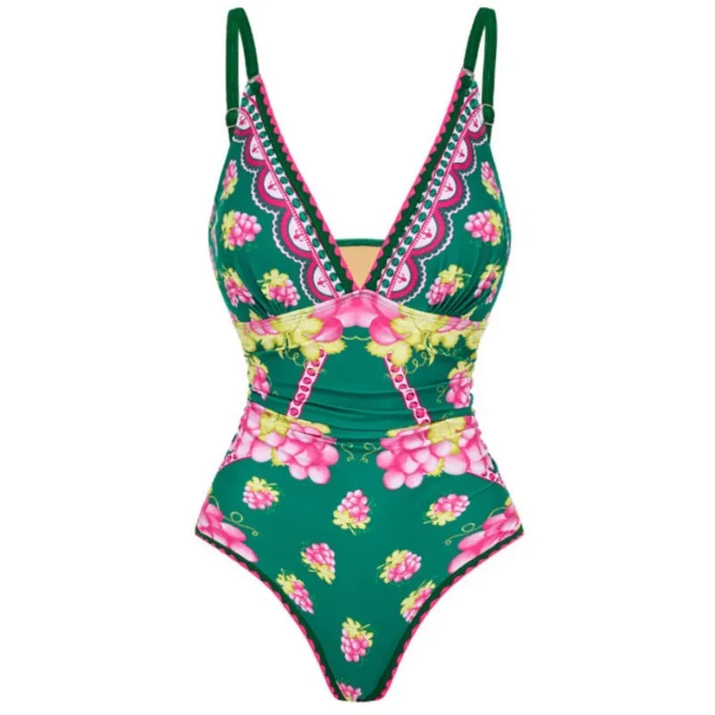 Retro Green Bikini Printed Fashion One Piece Swimsuit And Cover Up With Skirt Tight Women's Bandage Summer Beach Luxury Elegant