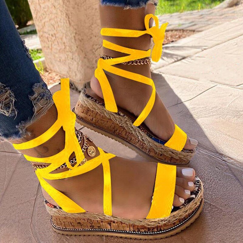 Women's Roman Sandals Leopard Print Ethnic Fashion Print Platform Cross-Tie Open Toe Beach Shoes Casual Wedge Heels Plus Size 43