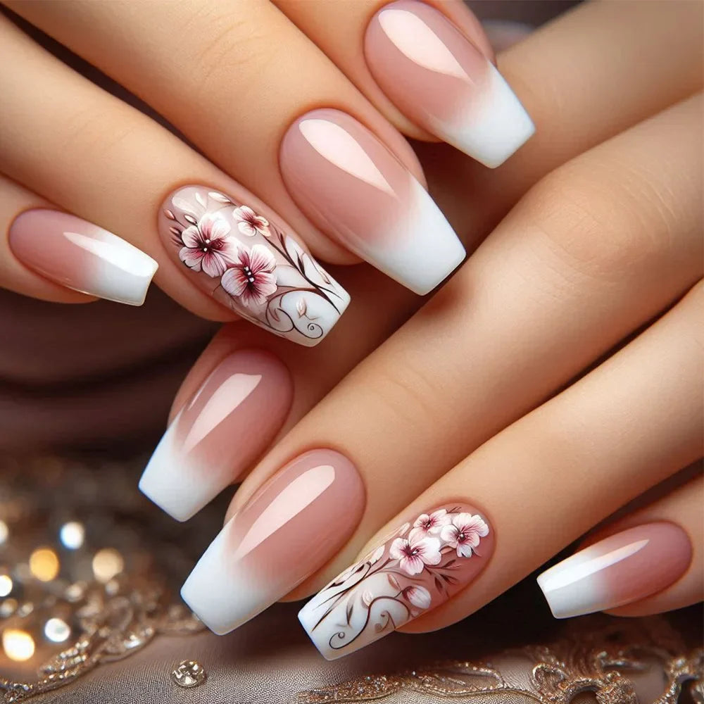 24pcs Golden Stripe Press on Nails Long Square False Nails Full Cover Nail Tips.