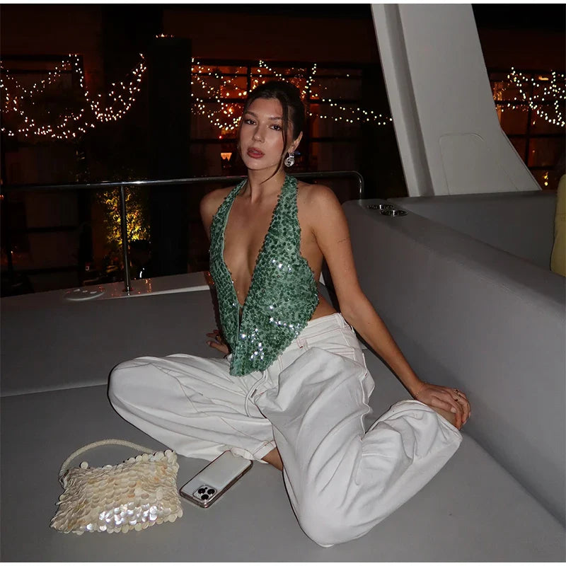 Sequins Halter Hollow Out Dress Women's Sexy Backless Sleeveless Contrast Color  Mini Dresses 2025 Summer New Lady Beach Robes