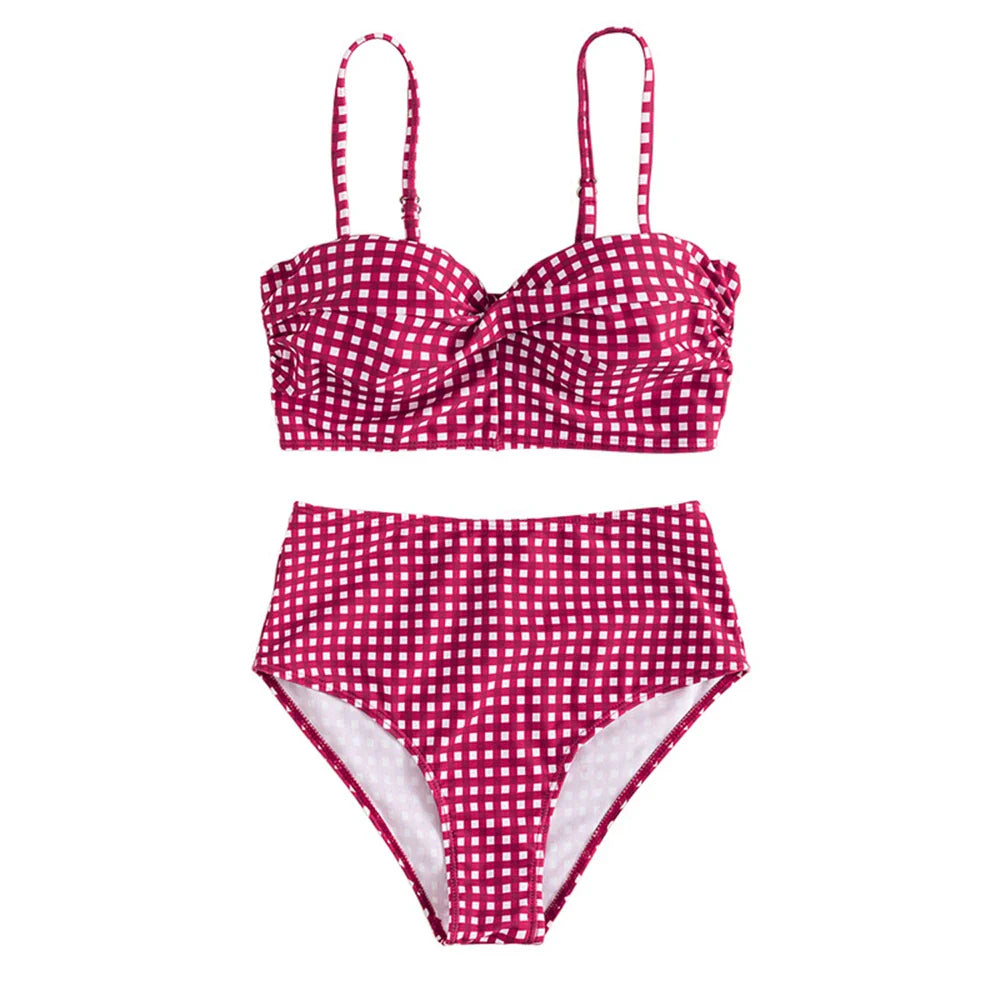 Women Sexy Slim Plaid Two Pieces Swimsuit High Waisted Bikini Swimwear 2024 Bikini Sets Size S-3XL Rose Red/Black/Blue/Sky Blue