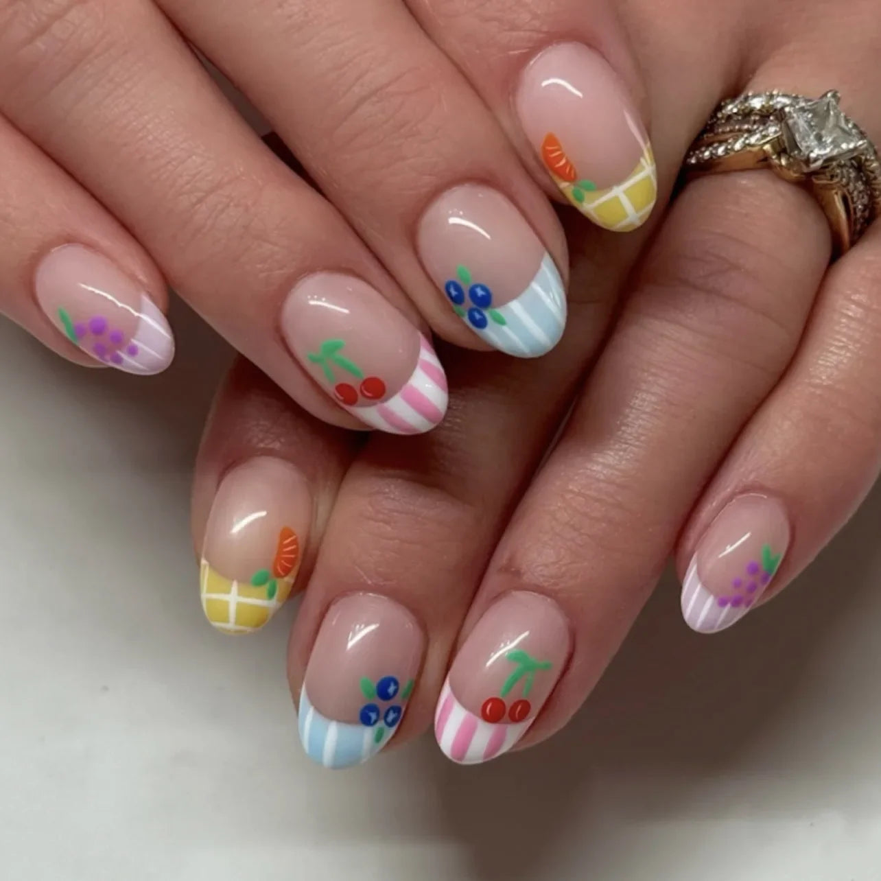 3D Lemon Blue White Striped French Nail Art Summer Chic Short Round False Nails Detachable Finished Fake Nails Press on Nails