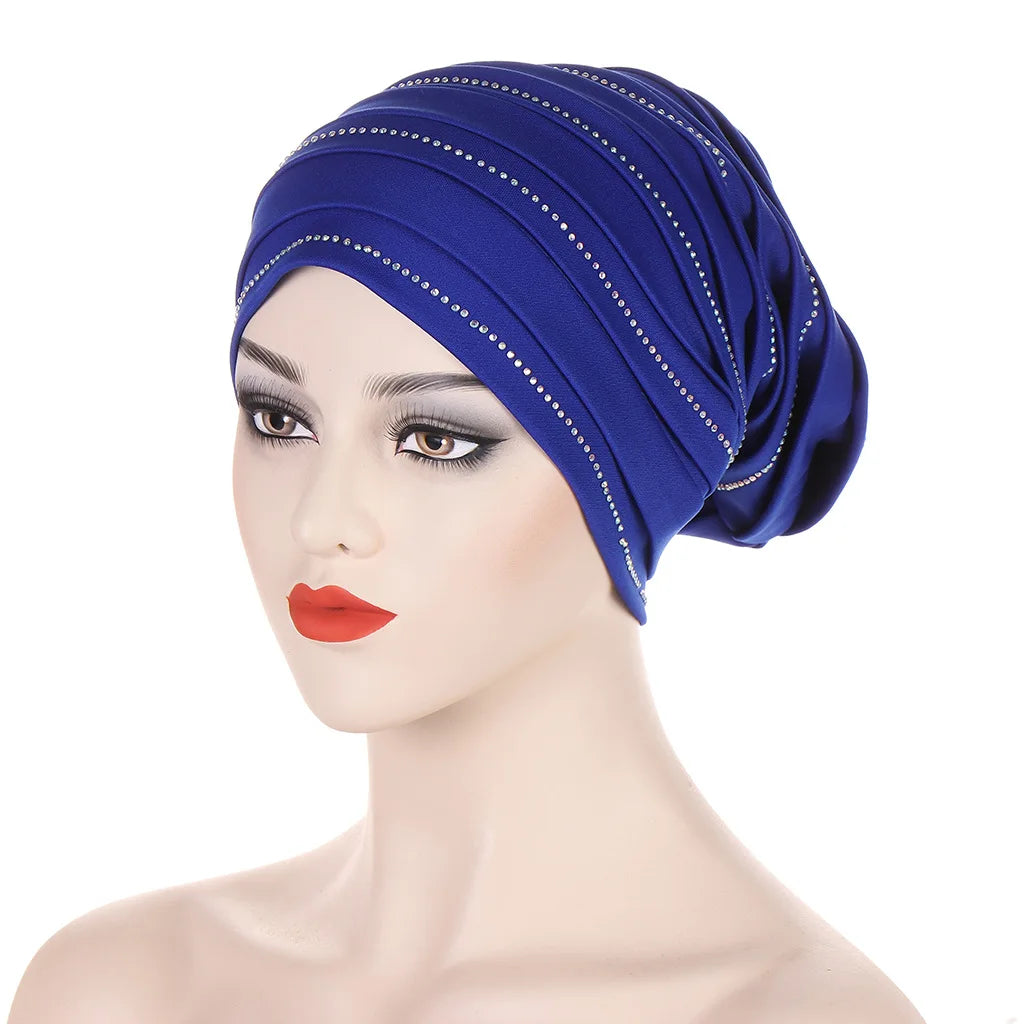 2024 New Rhinestones Women's Pleated Turban Cap Candy Color African Hat Nigeria Geles Muslim Headscarf Bonnet Ladies Head Wraps