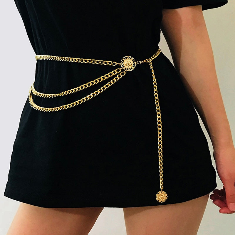 Fashion Round Brand Alloy Multi-Layer Exaggerated Body Chain 2023 New Women Queen Head Retro Street Snap Beam Party Waist Chain