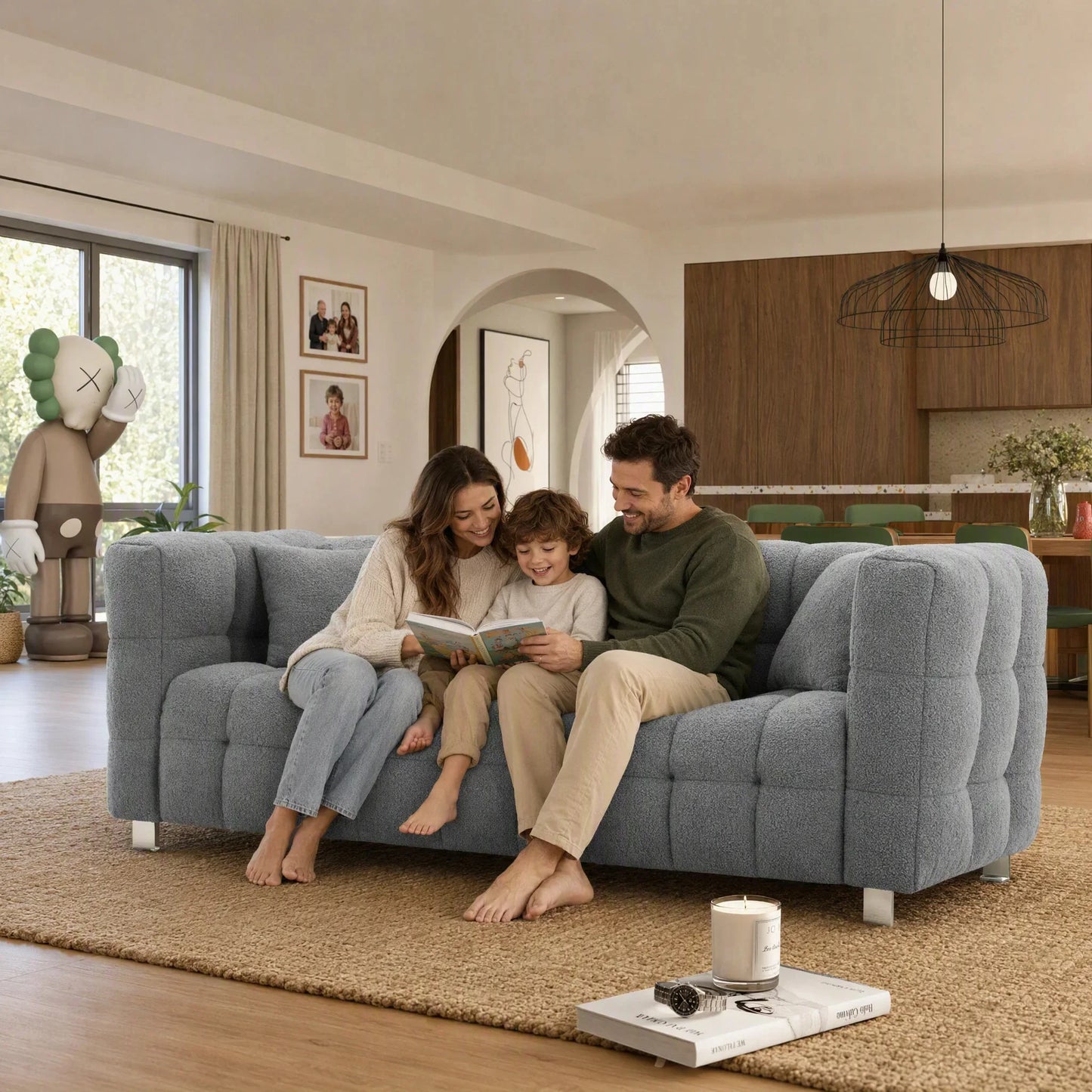 80-Inch Modern Teddy Fleece Sofa, With 2 Cushions 3-Seater  Sofa Suitable for Living Room Bedroom or Apartment Comfortable Deep-Set Leisure Furniture Wide Armrest Design Easy to Assemble