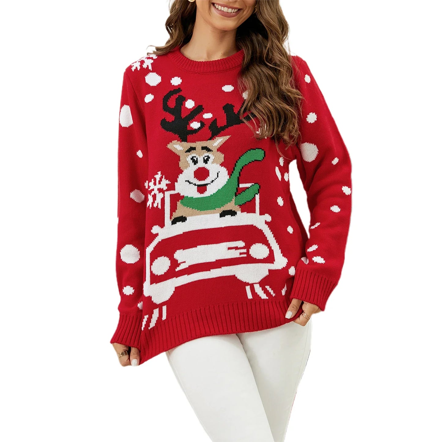 Women s Christmas Sweaters Reindeer Pattern Long Sleeve Round Neck Ribbed Knitted Tops