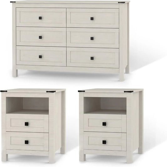 3 Pieces Bedroom Furniture Set, Rustic Wood 6 Drawer Dresser and Nightstands, Chest of Drawers.