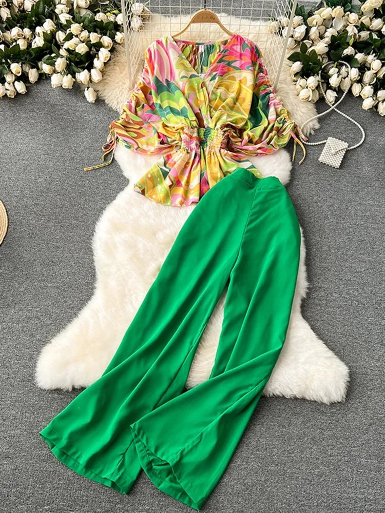 New Summer Women's Fashion Set Beach Vacation Short Sleeve V-neck Waist Loose Shirt Wide Leg Pants Two Piece Set  A77