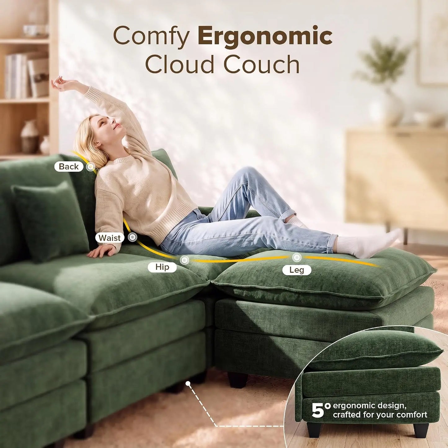 108 Inch Cloud Couch Sectional, Modular Sectional Sofa with Ottoman, Green | L Shaped Sectional Couches for Living, Customized