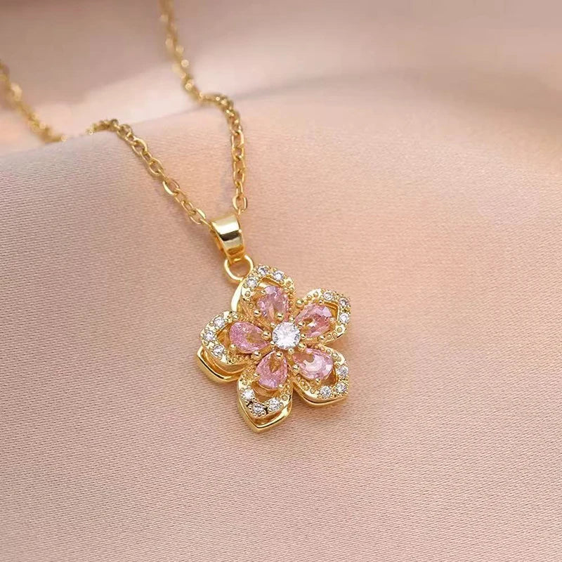 Shiny Romantic Flower Pendant Necklace For Women Golden Plated Rotatable Flowers Choker Girls Wedding Party Jewelry