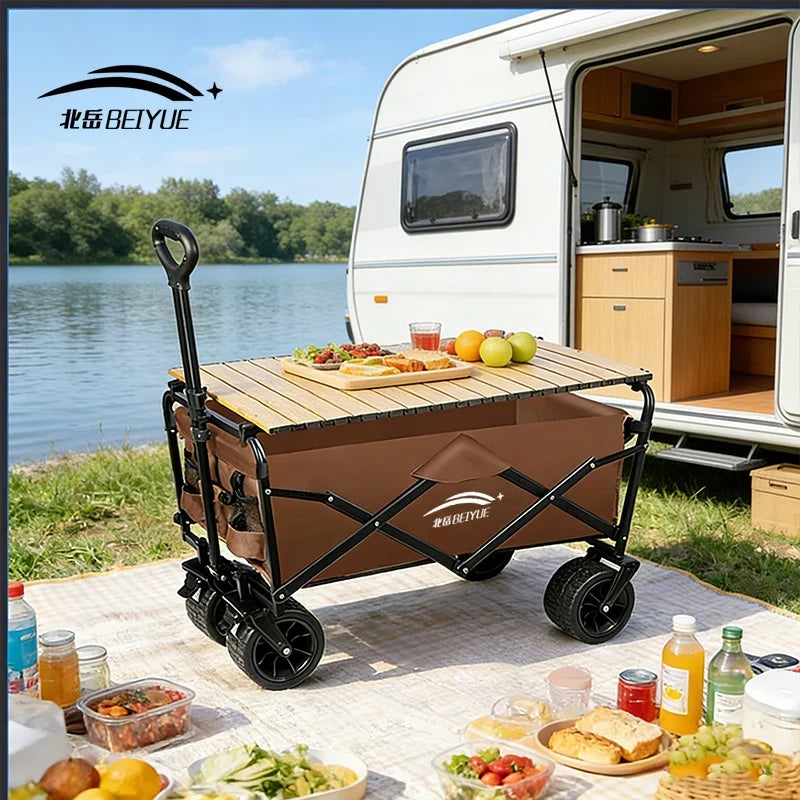 Heavy Duty Foldable Camping Wagon with Wooden Table Board All-Terrain Wheels Collapsible Utility Cart Large Capacity Portable